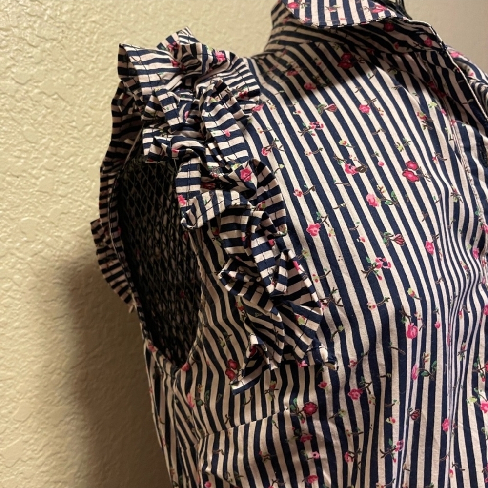 100% Cotton Navy and Floral Striped Ruffle Sleeve Dress